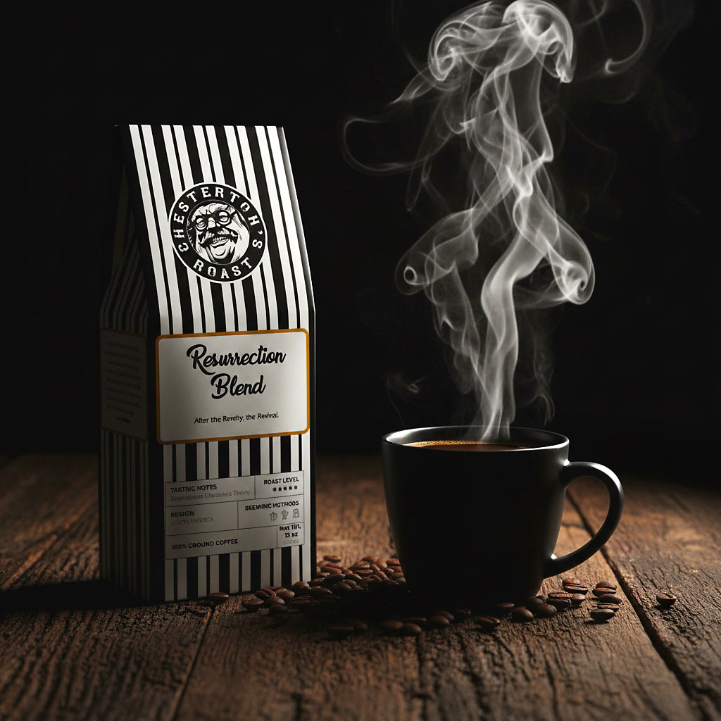 Resurrection Blend dark French roast coffee bag in dramatic moody lighting with steam rising from a black mug