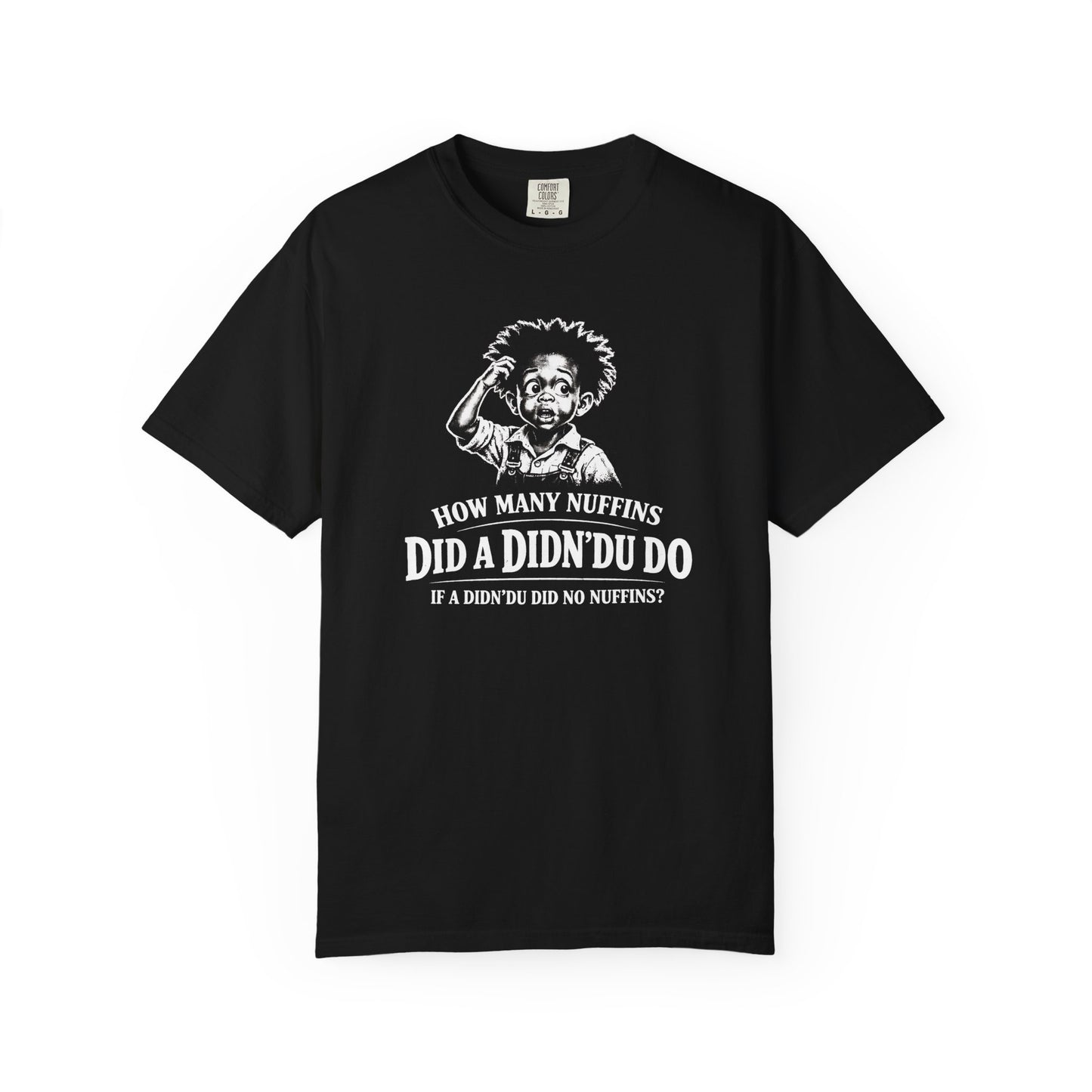 How Many Nuffins T-Shirt — Funny Retro Black Tee with Cartoon & Joke Slogan