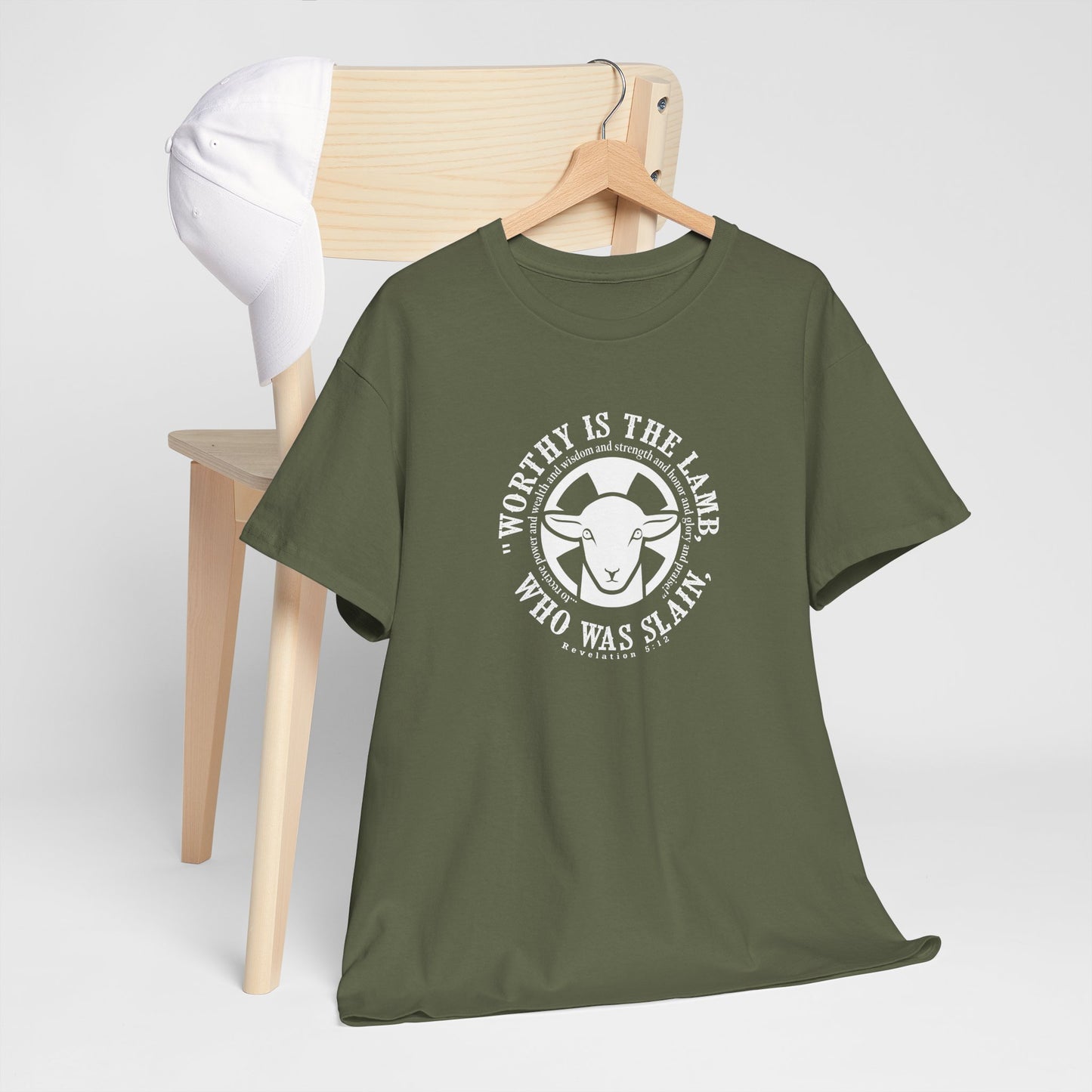 "Worthy is the Lamb, who was slain, to receive power and wealth and wisdom and strength and honor and glory and praise!" Heavy Cotton Tee