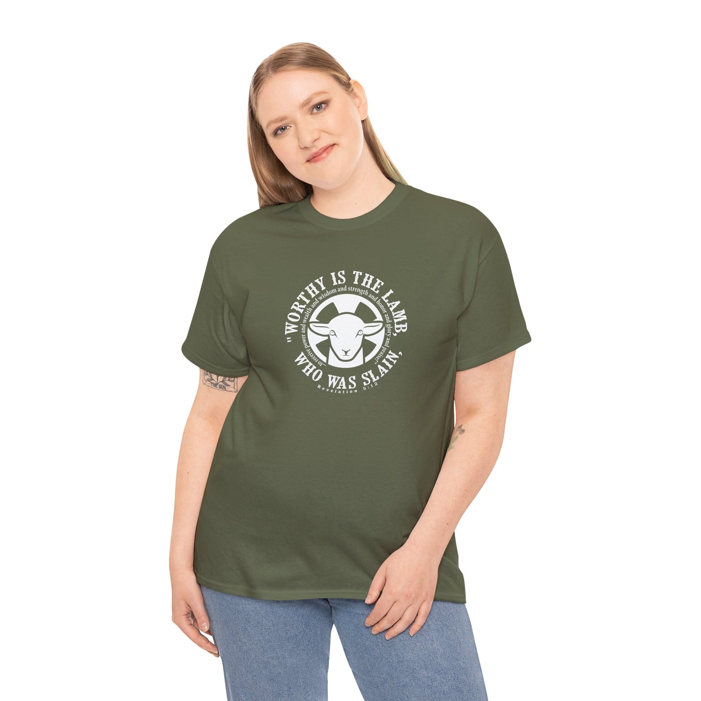 "Worthy is the Lamb, who was slain, to receive power and wealth and wisdom and strength and honor and glory and praise!" Heavy Cotton Tee