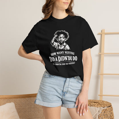 How Many Nuffins T-Shirt — Funny Retro Black Tee with Cartoon & Joke Slogan