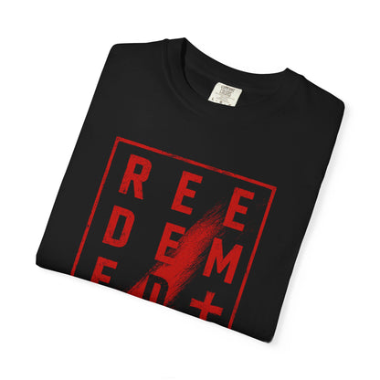 Redeemed Cross T-Shirt — Bold Red Graphic Catholic Christian Tee