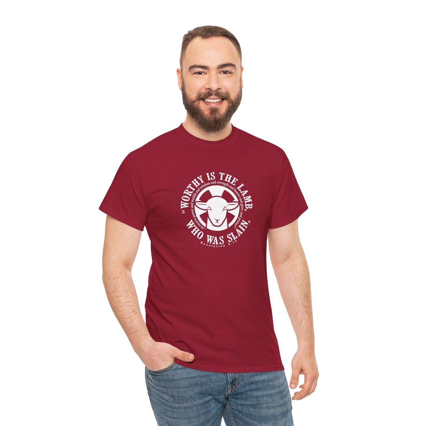 "Worthy is the Lamb, who was slain, to receive power and wealth and wisdom and strength and honor and glory and praise!" Heavy Cotton Tee