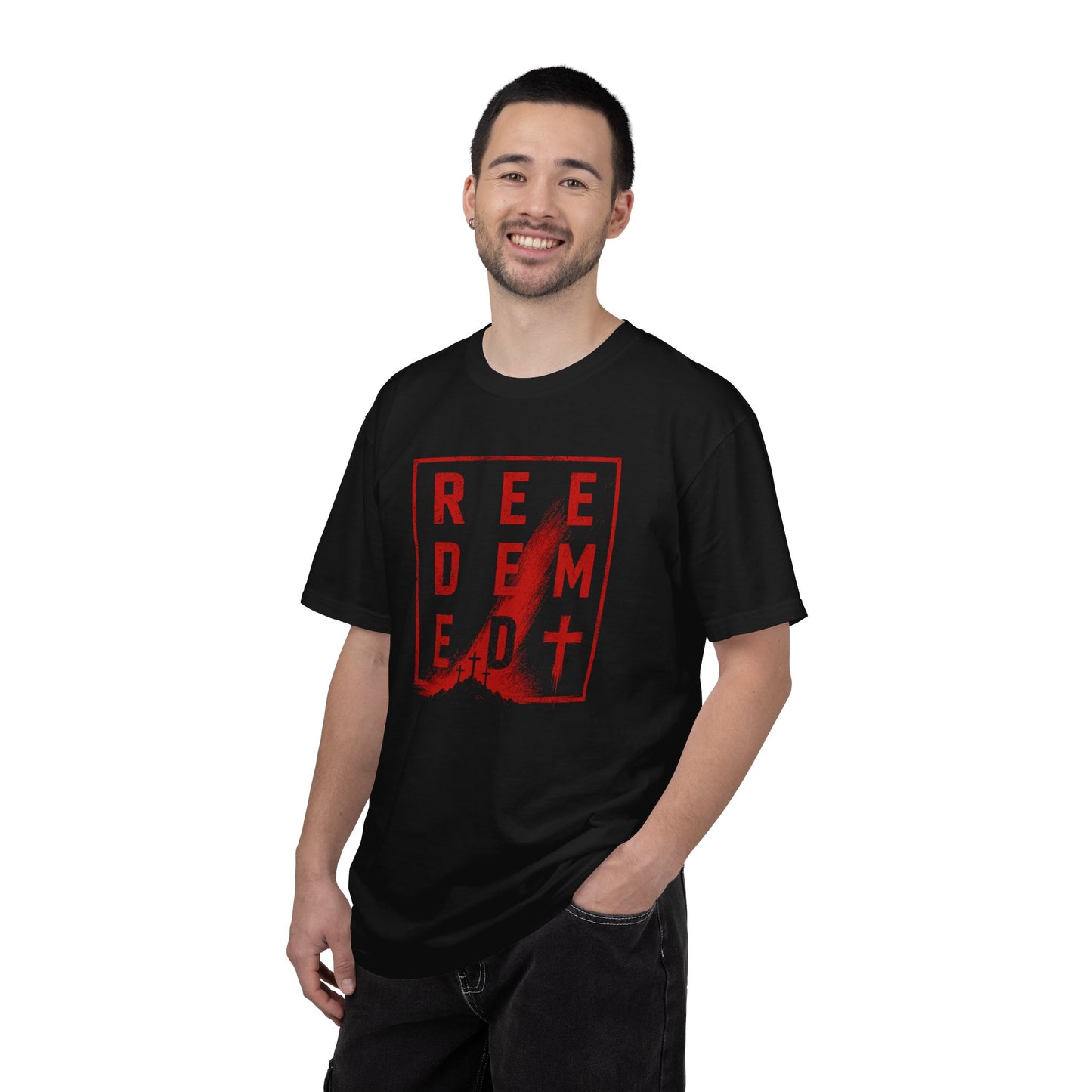 Redeemed Cross T-Shirt — Bold Red Graphic Catholic Christian Tee